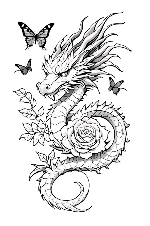 Dragon With Roses And Butterflies