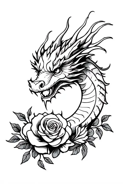 Elegant Dragon With Roses And Crescent Moon