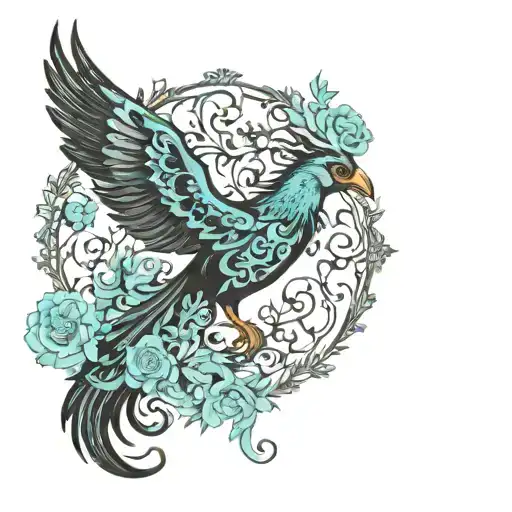 Black And Turquoise Pheonix Rising From Rose Ash Surrounded By Black Lace