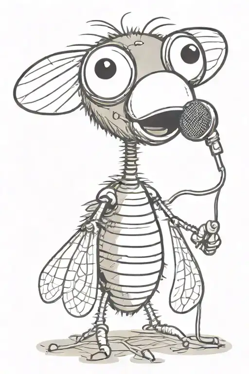 Cartoon Of A Fly With Big Eyes And A Small Body Holding A 70S Microphone In The Air