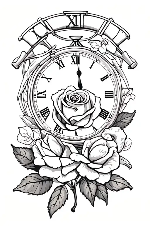 Rose With A Clock With Roman Numerals And Baseball Bats