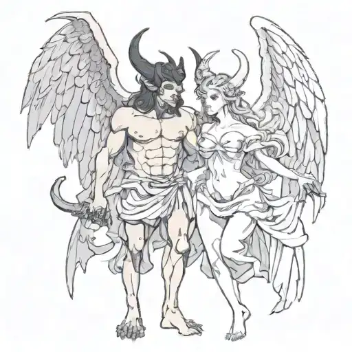 A Male Demon With Two Horns Holding An Female Angel