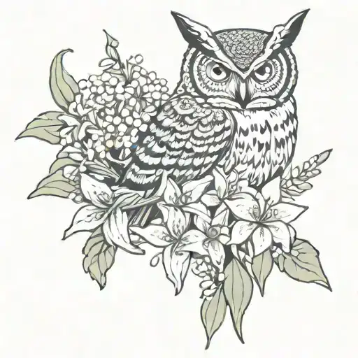 Celestial Horned Owl With Lily Of The Valley Flowers And Tiger Lilies