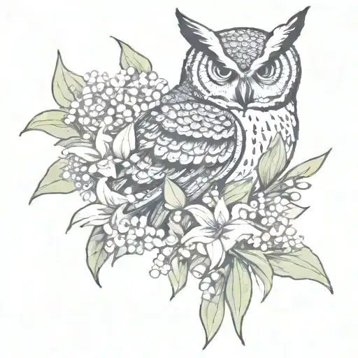 Celestial Horned Owl With Lily Of The Valley Flowers And Tiger Lilies And Moon And Stars