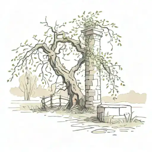 Ruined Column And A Willow Tree Next To It