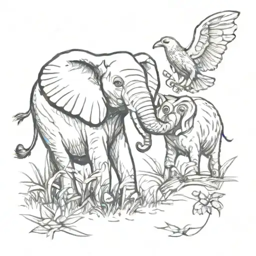 A Whimsical Sketch Of An Elephant And Owl Playing Together In A Nature Setting