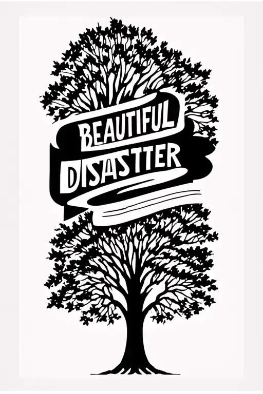 Block Tattoo With Tree And A Word Saying Beautiful Disaster