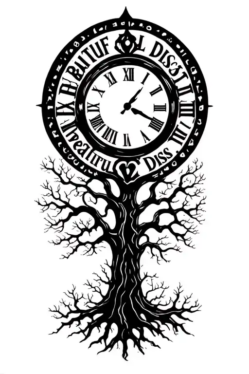 Clock Tattoo With Tree And A Word Saying Beautiful Disaster