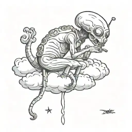 Alien Sitting On The Cloud And Smoking