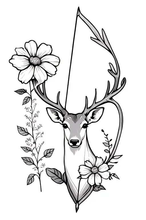 Bow N Arrow With Deer And 3 Flowers Symbolizing