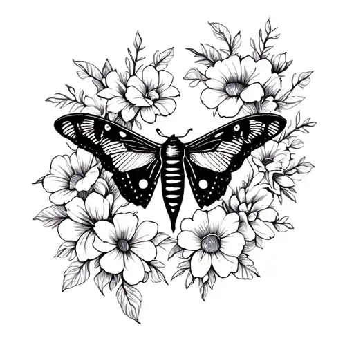 Moth And Female Lion And Flowers Surrounding