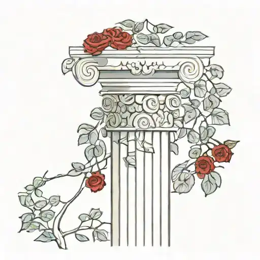 Greek Pillar And Red Rose Vines