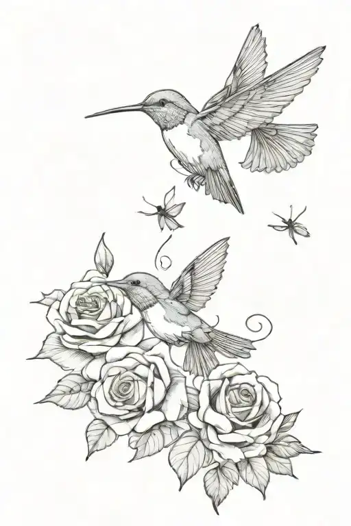 2 Humming Birds And Roses With Lots Of Line Work