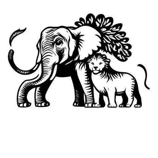 A Male Elephant Holding A Female Baby Lion