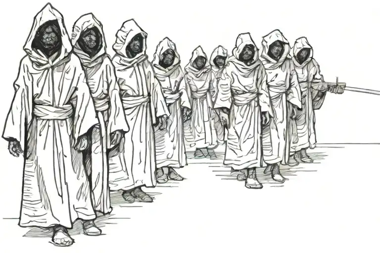 7 Figures With Blurred Faces In Black Robes And Hoods Stand In A Row
