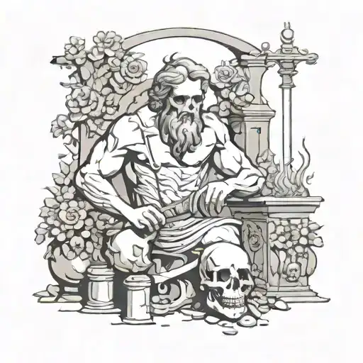 Greek God Hephaestus Working In A Forge Love Hate Flowers Skull