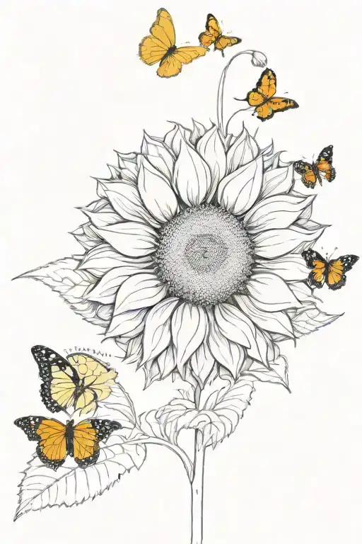 Yellow Sunflower With Red Butterflies At Bottom Of Sunflower