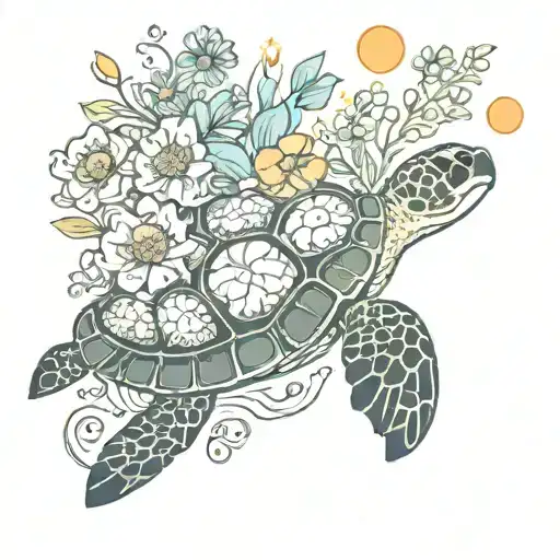 Sea Turtle With Flowers And Sun