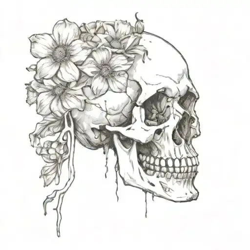 Sketch Of Skull Facing Towards The Right With 2 Flowers Coming Out Of The The Eye Socket