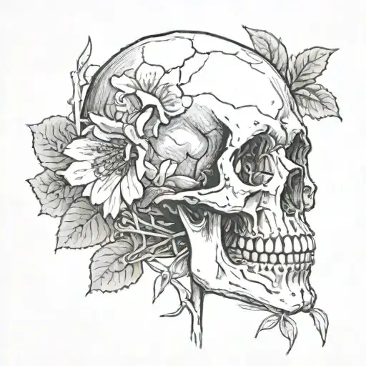 Sketch Of Skull Facing Towards The Right With 2 Flowers Coming Out Of The The Eye Socket
