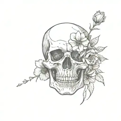 Sketch Of Skull Facing Towards The Right With 2 Flowers Coming Out Of The The Eye Socket