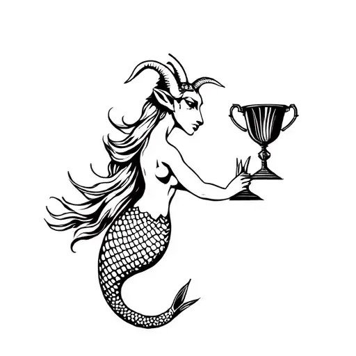 Mermaid With Goat Head Profile Holding Trophies