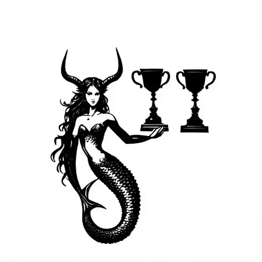 Mermaid With Goat Horns Holding Trophies Underneath