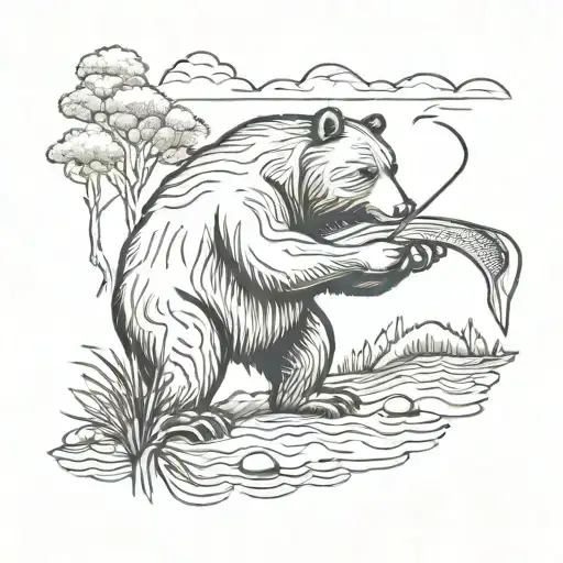 A Blackwork Tattoo Of A Bear Catching A Fish In A River With A Golf Club Resting On Its Shoulder