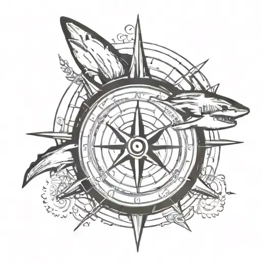 Nautical Compass With A Shark Background Black