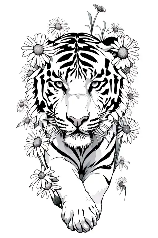 Bush Of Daisy Flowers With Tiger Walking