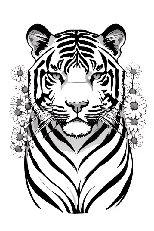 Tiger Laying In Daisies