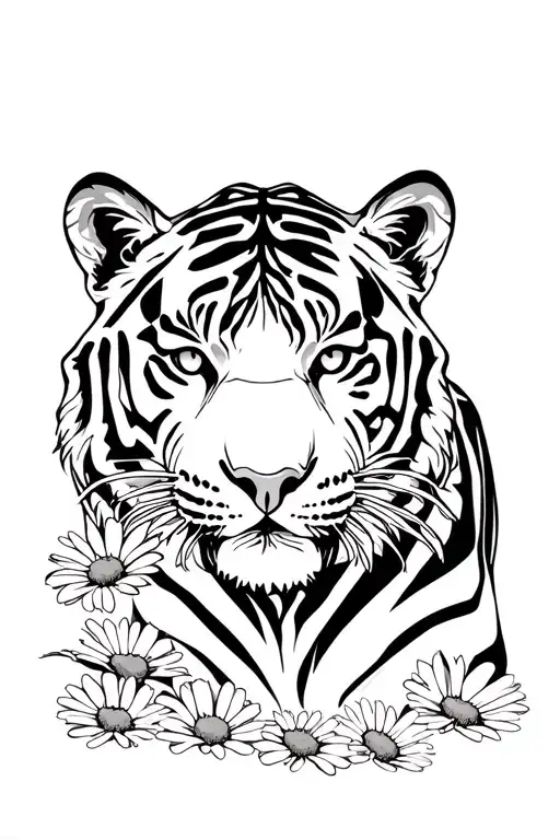 Tiger Laying In Daisies