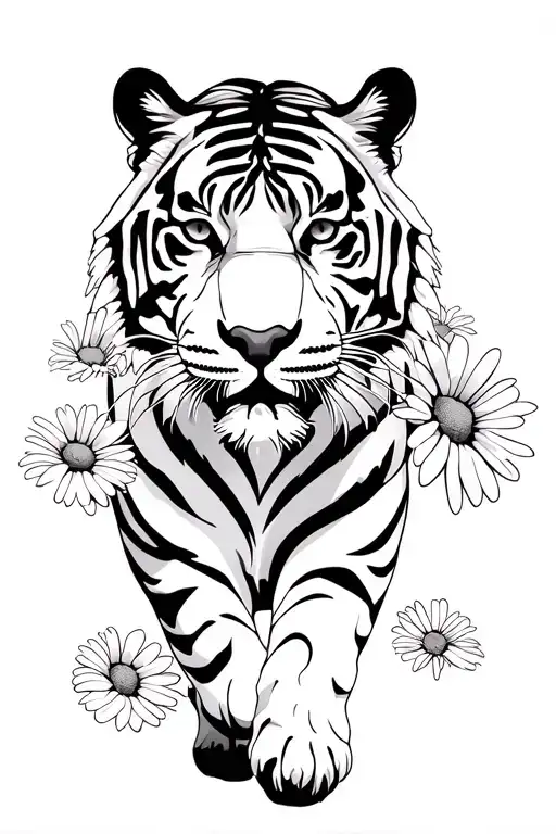 Tiger Walking In Daisies