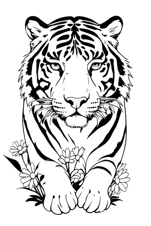 Tiger Walking In Daisies Bed