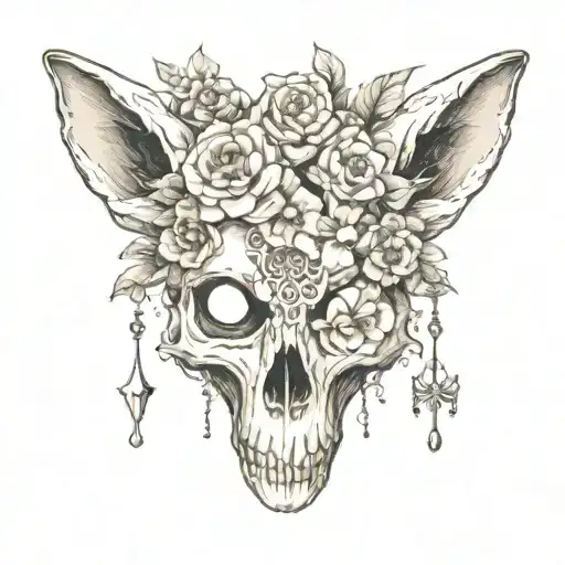 Fox Scull With Vintage Gothic Broken Mirror And Flowers