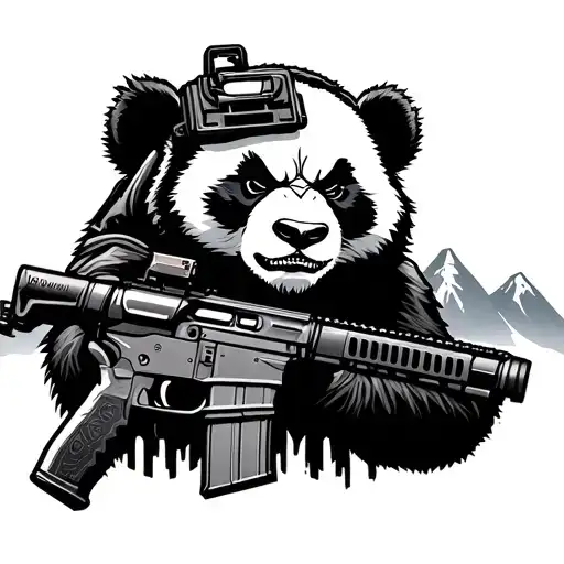 Angry Panda Wearing Tactical Gear Holding A Ar 15 With Mountains In Back Ground