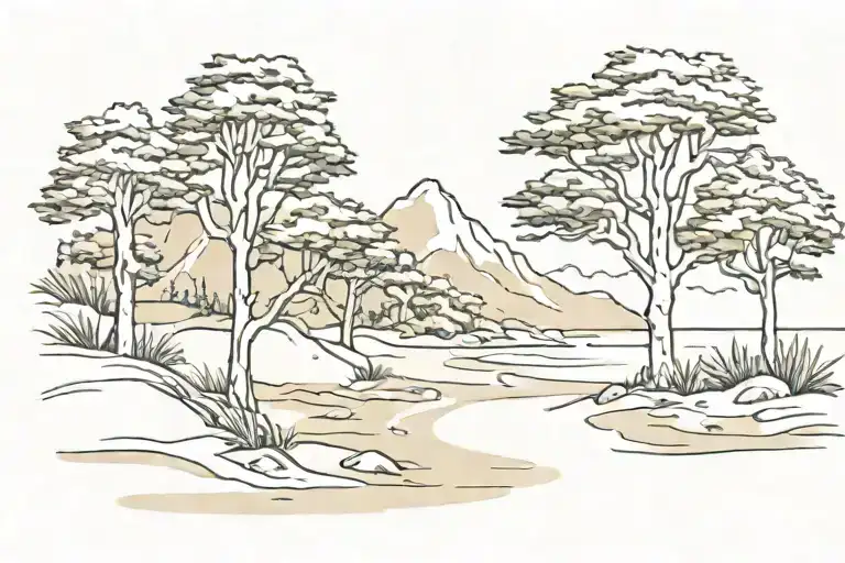 Trees Mountain Beach Scene
