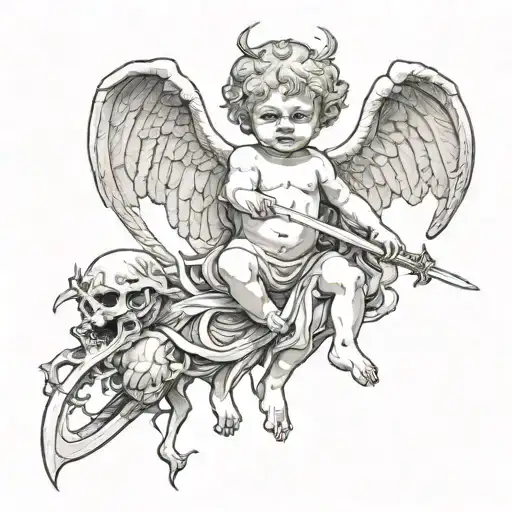 Drawing Of Demonic Cherub Holding A Reaper Down