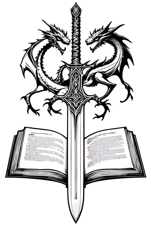 Magical Sword With A Dragon And A Magical Book Open In Front