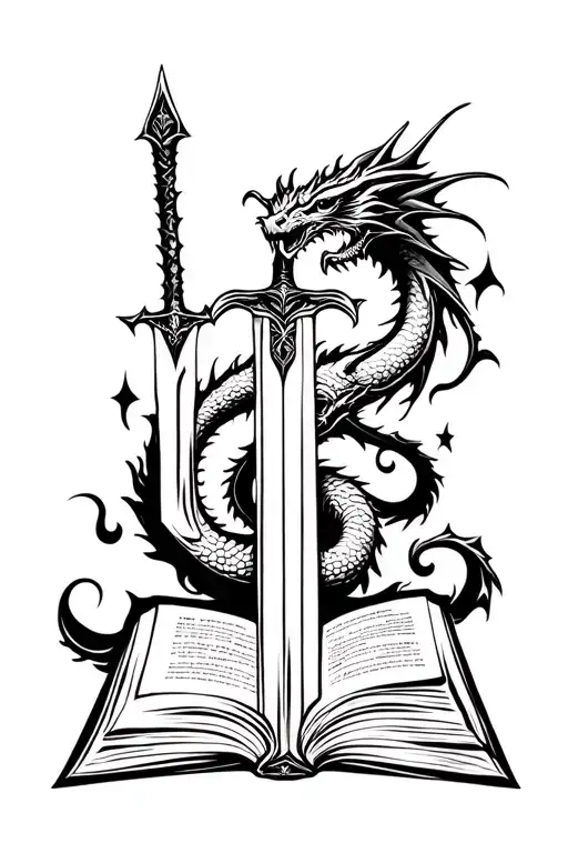 Magical Sword With A Dragon And A Magical Book Murged Into One