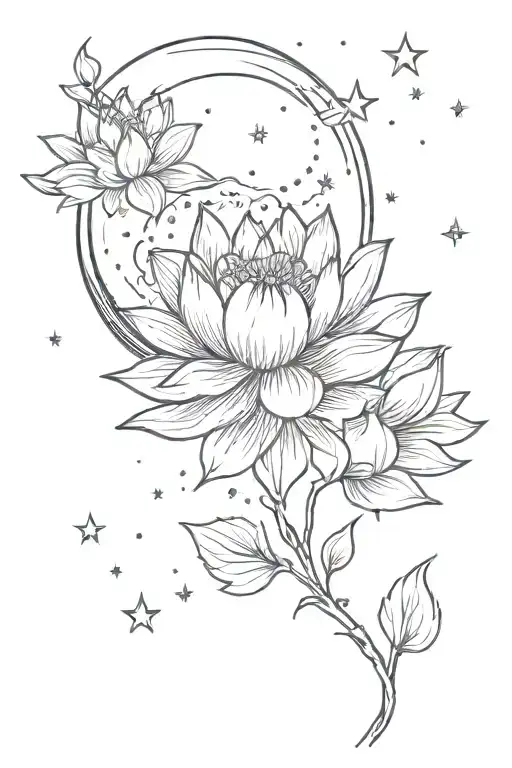 Dainty Moon And Lotus Flower With Stars Around Them
