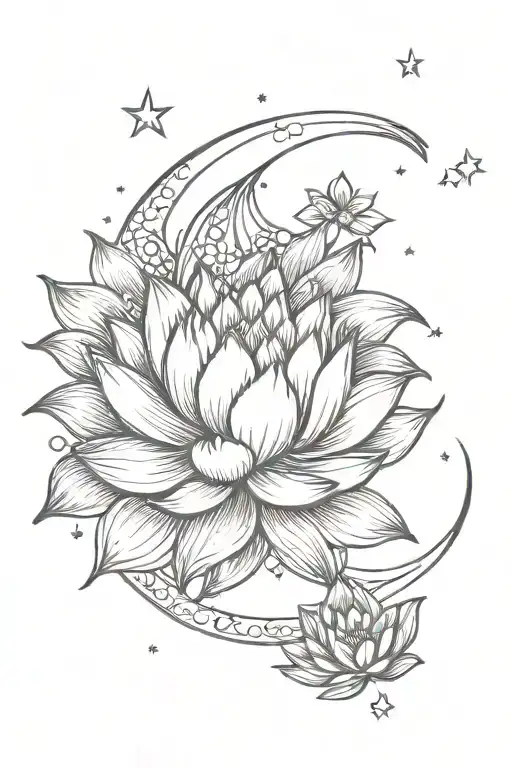 Dainty Moon And Lotus Flower With Stars Around Them