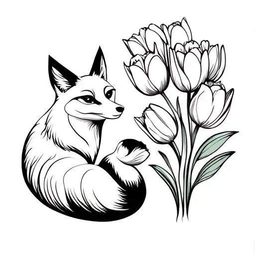 Mother Fox And Baby Curled Up Together With Tulips