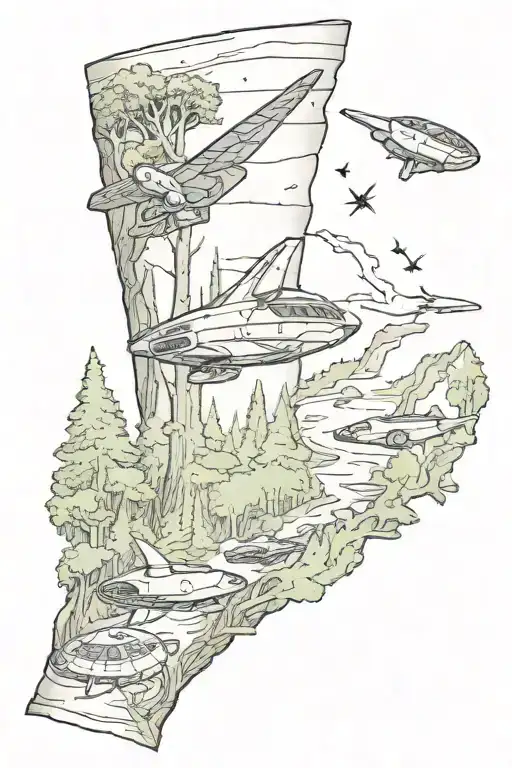 Arm Sleeve With A Forrest Setting With Star Trek Voyager Ship Flying In The Sky And Turtles Mixed In