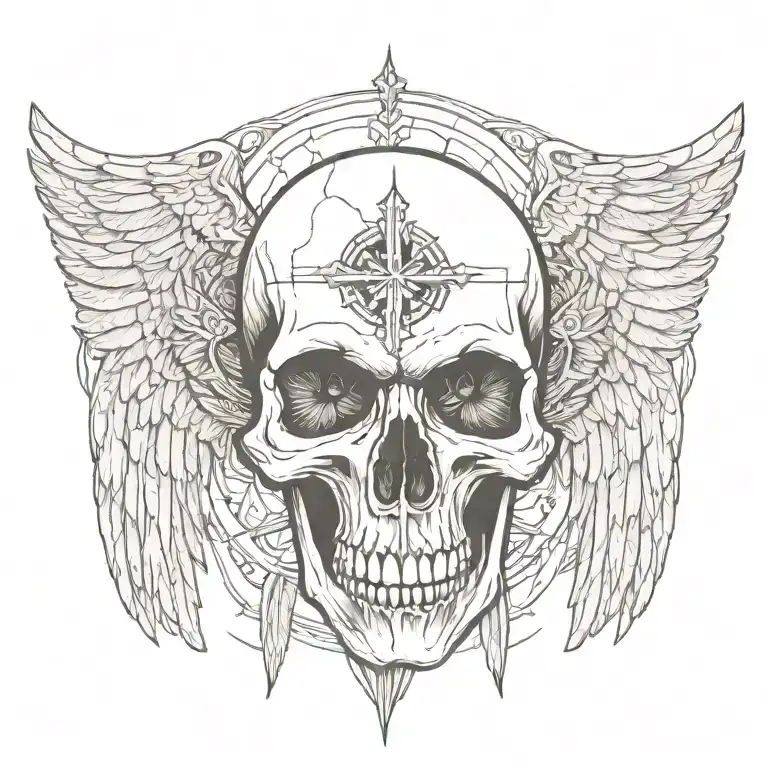Skull Facing Towartds With A Christian Cross On Forehead With Angelic Wings Spread