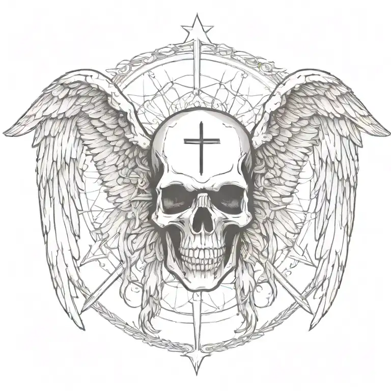 Skull Facing Towartds With A Christian Cross On Forehead With Angelic Wings Spread Widely