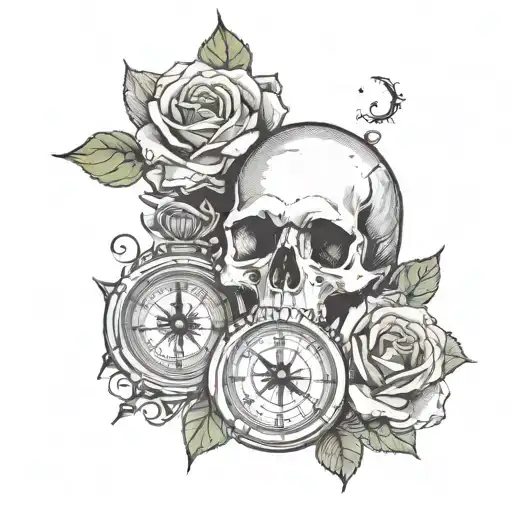 Rose With Compass And Skull With Clock