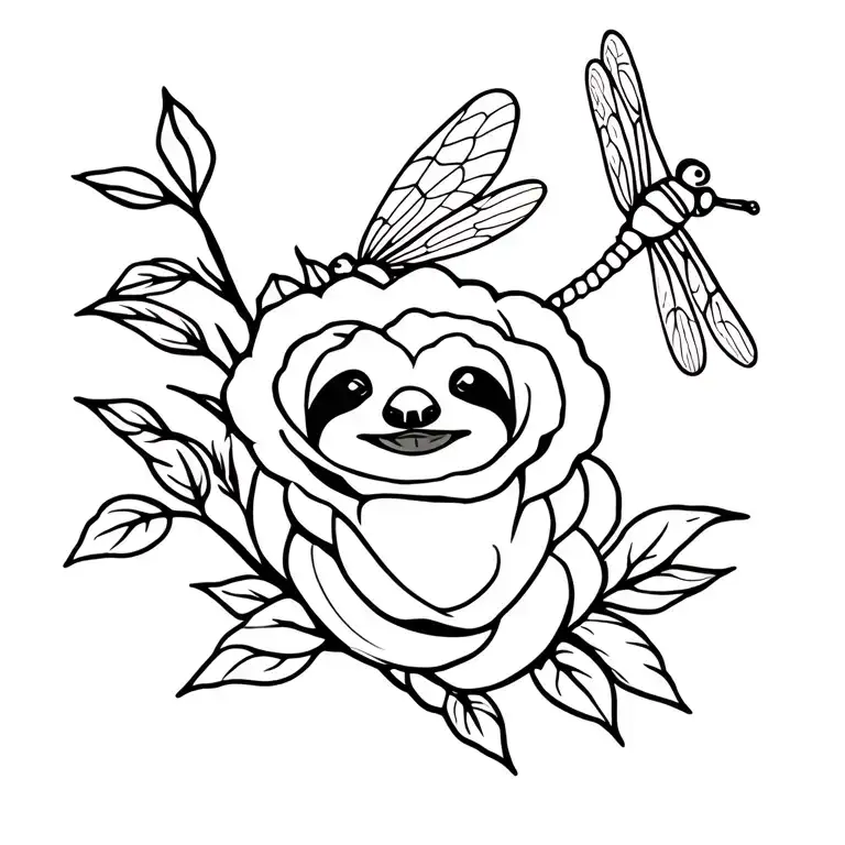 Baby Sloth Rose And Dragonfly Perched