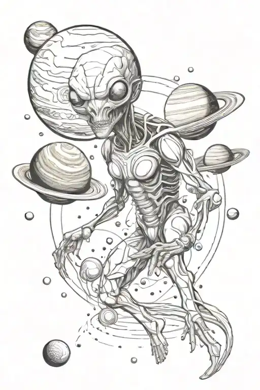Realistic Alien With Planets Orbiting