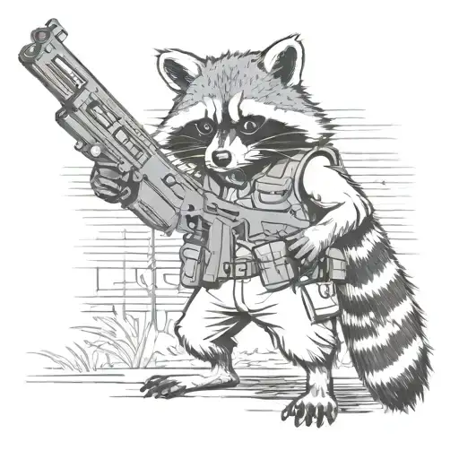 Raccoon Stands In Full Height With A Gun